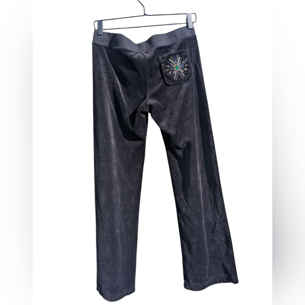 Rare Y2K Black Juicy Couture Velour Rhinestone Pocket Drawstring Pants Women's S